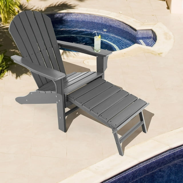 Gymax Chaise Adirondack de Patio en HDPE Chaise Longue d'Extérieur avec Ottoman Rétractable Gris