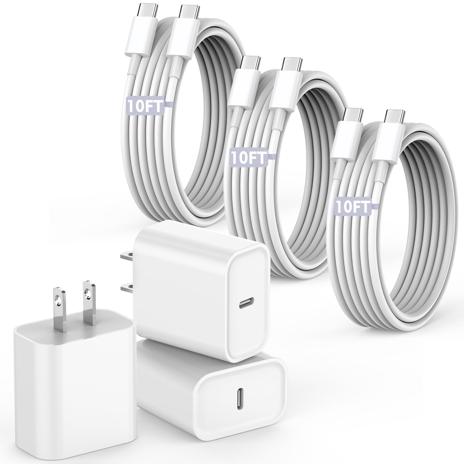 Typpkmm Fast Charging Cord 17 16e 15,3Pack Extra Long 10Foot USB C to Type C Charger Cable 20W Usbc Charger Block 10FT, White