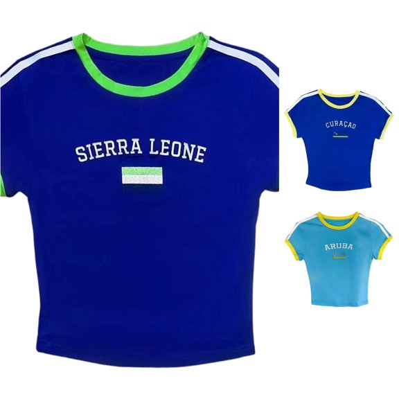 Trendfront Womens Sierra Leone Letter Print Tee Raglan Short Sleeve Flag Graphic Summer Top Casual Sporty Activewear Crew Neck Raglan Shirt