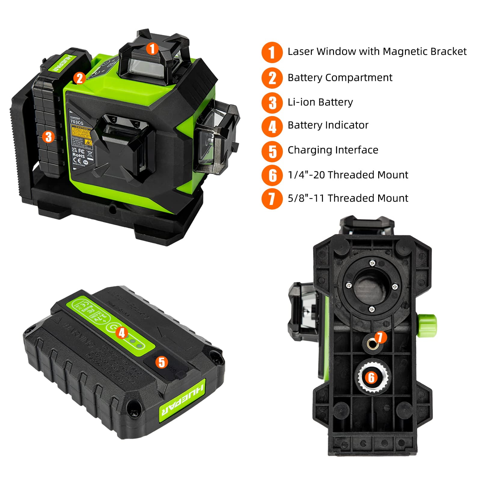 3D 12 Lines Self-Leveling Laser Level, 197Ft Green 3 x 360° Cross Line Laser Level Tools with 6600mAh Li-ion Battery, Magnetic Bracket and Laser Target Plate