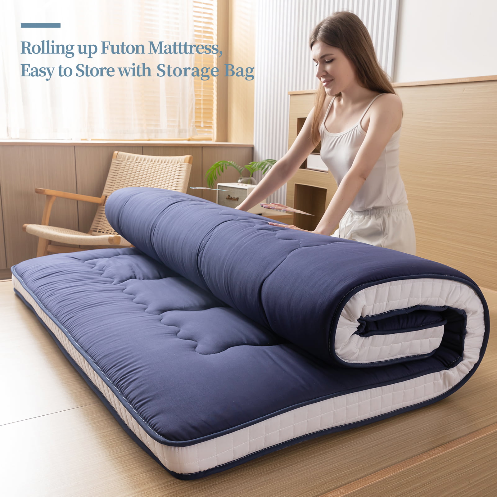 Traditional Floor Mattress, Japanese Futon Mattress for Adults, Rolling Up  Sleeping Mattress Tatami Mat for Guest Room Dormitory Bedroom,Navy,Full