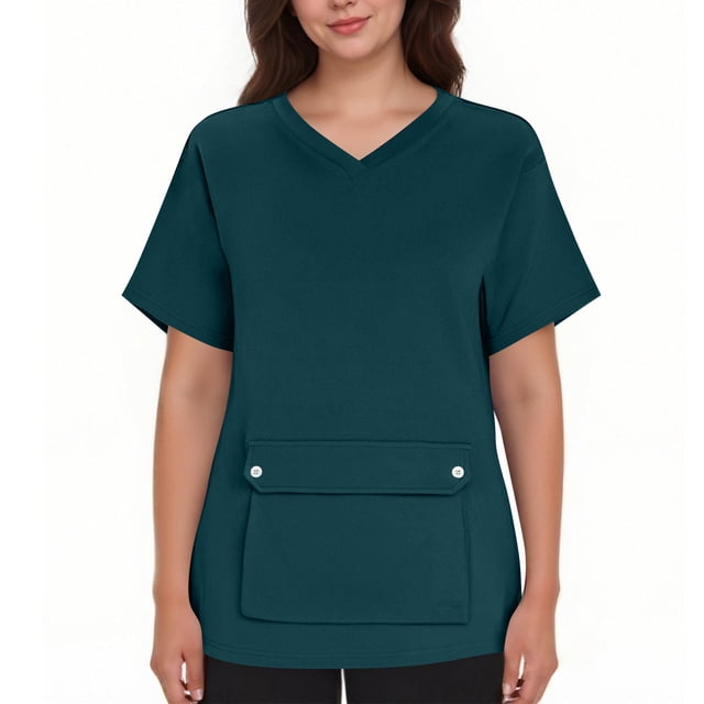 Ohufall Plus Size Scrubs for Women Stretch, Solid Color Scrub Tops - Front Pocket Design for Nurses & Healthcare Workers