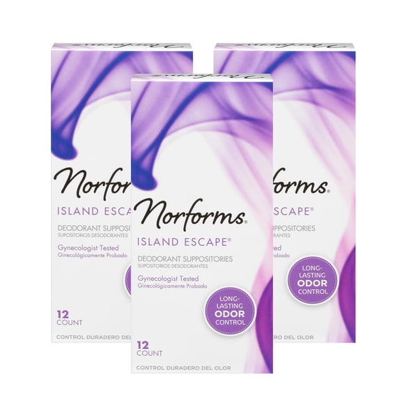 Norforms Feminine Deodorant Suppositories | Long Lasting Odor Control | Island Escape | 12 Count | Pack of 3