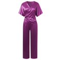 thumbnail image 3 of Women Casual Solid Half Sleeve Shirt Belt Contrast Pocket Drawstring Trousers Pants Set Womens Dress Pants plus Size Suit for Women Dressy Pants Suits Work Out Outfits Women's plus Suits Womens, 3 of 7