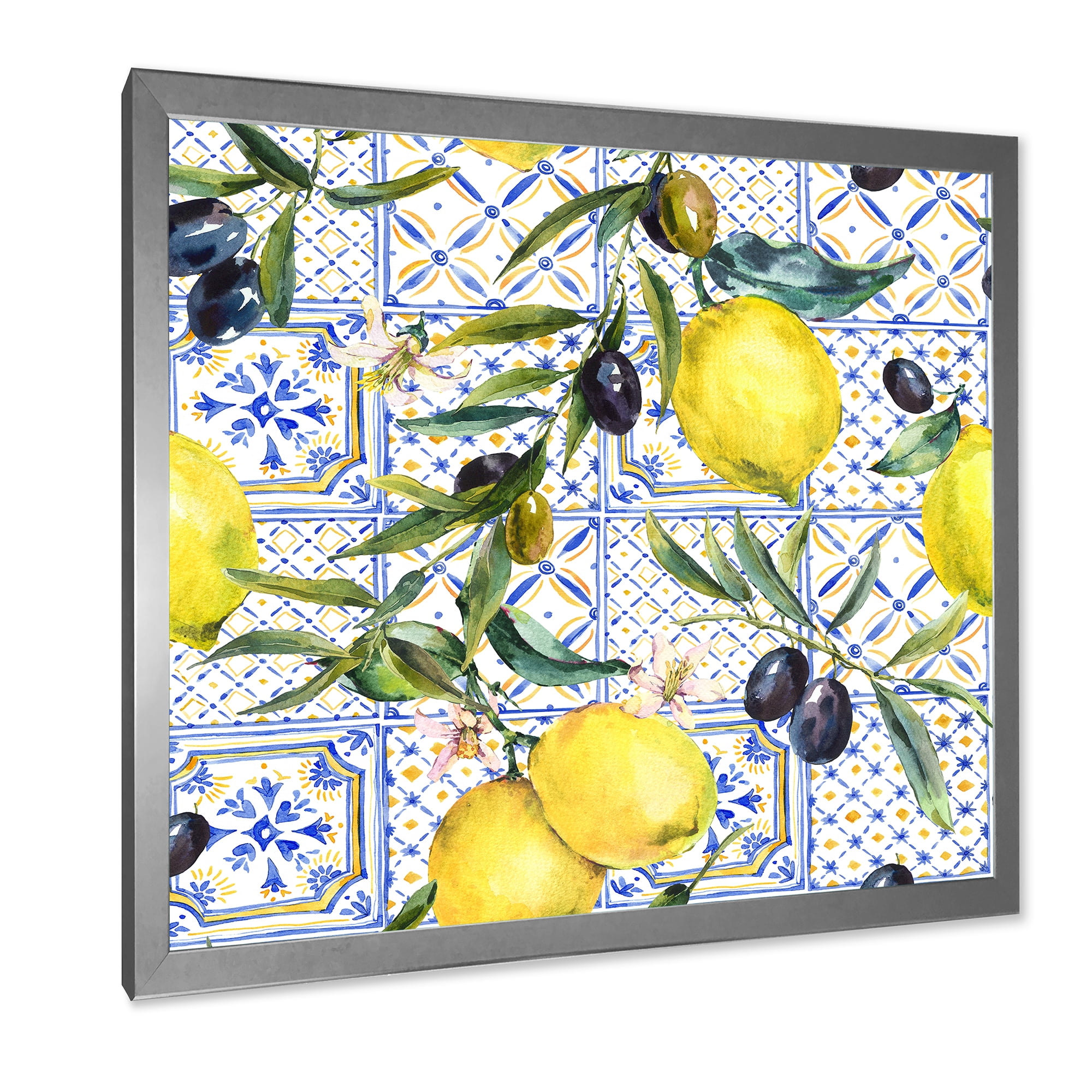 Designart 'Geometrical Pattern of Lemon Ornament On Blue III' Tropical Framed Art Print