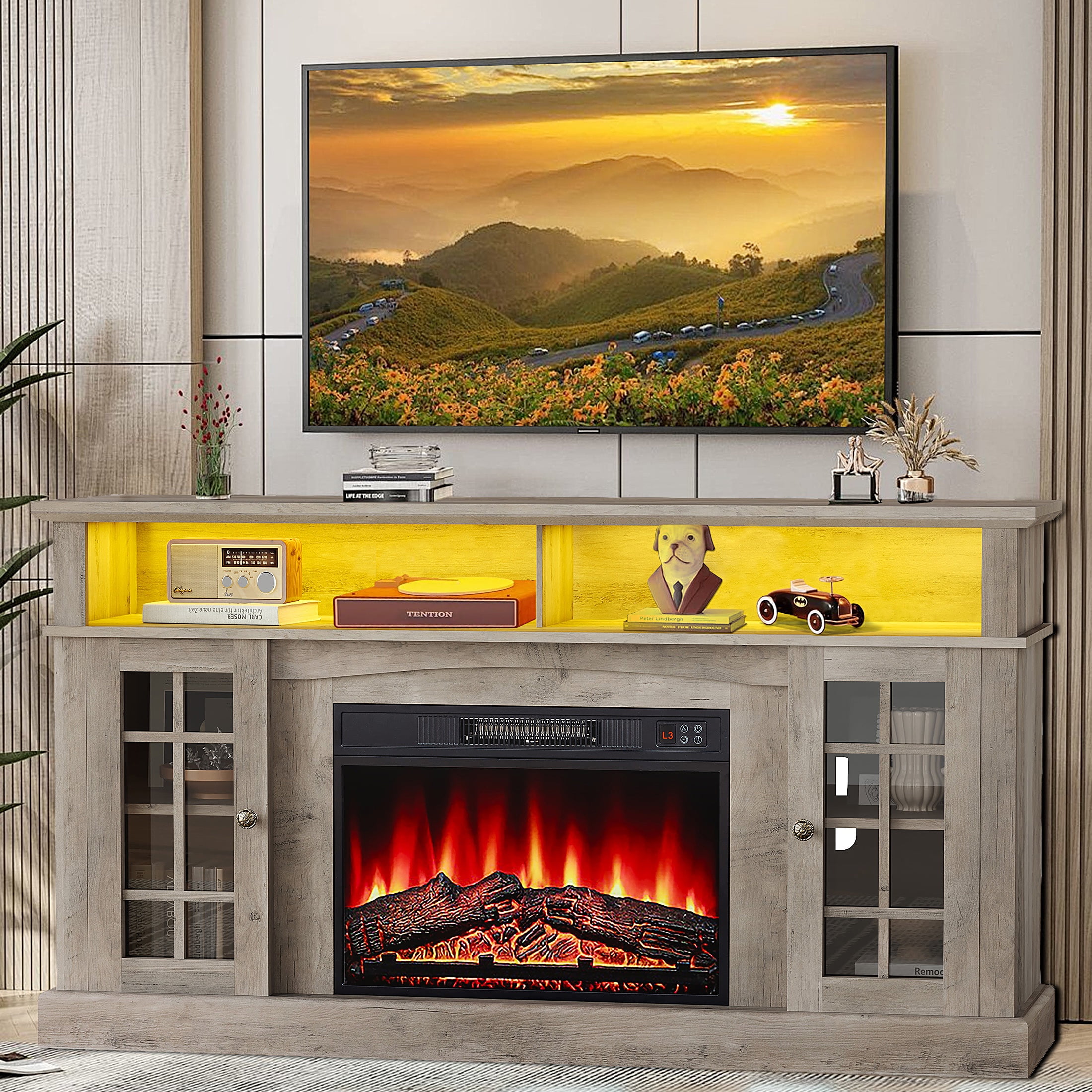 SESSLIFE Fireplace TV Stand for 65 Inch TV, LED TV Console with 23''Electric Fireplace, Entertainment Center Television Table for Living Room or Bedroom, Wash Gray