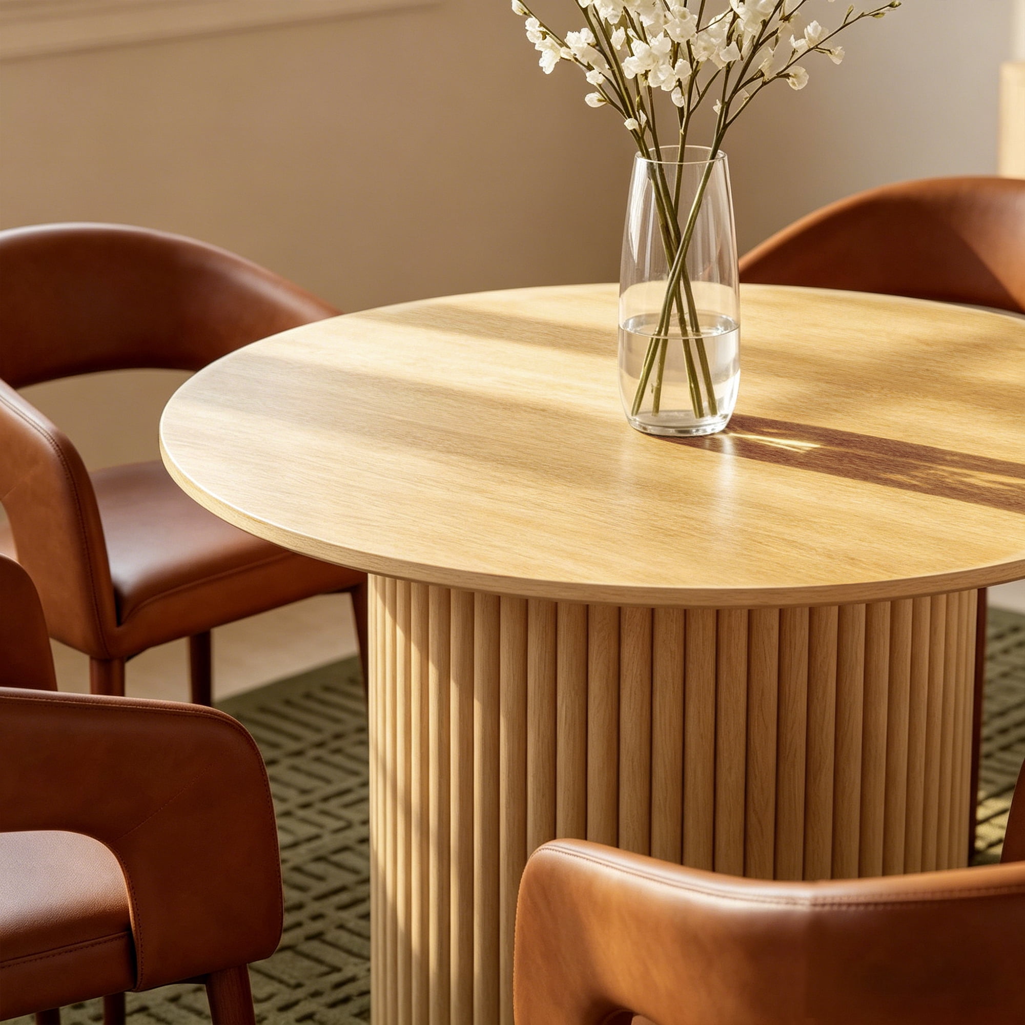 Morden Fort Dining Table Set for 4, 47" Round Kitchen Table and Leather Upholstered Chairs of 4, Fluted Wood Table Set with Pedestal Base for Apartment, Dining Room