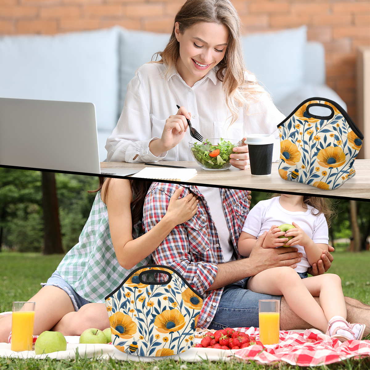 Herdesigns Yellow Floral Neoprene Lunch Bag, Bee Flower Insulated Lunch Box for Women Men Washable Lunch Tote Soft Lunch Container With Zipper for Work Picnic Travel