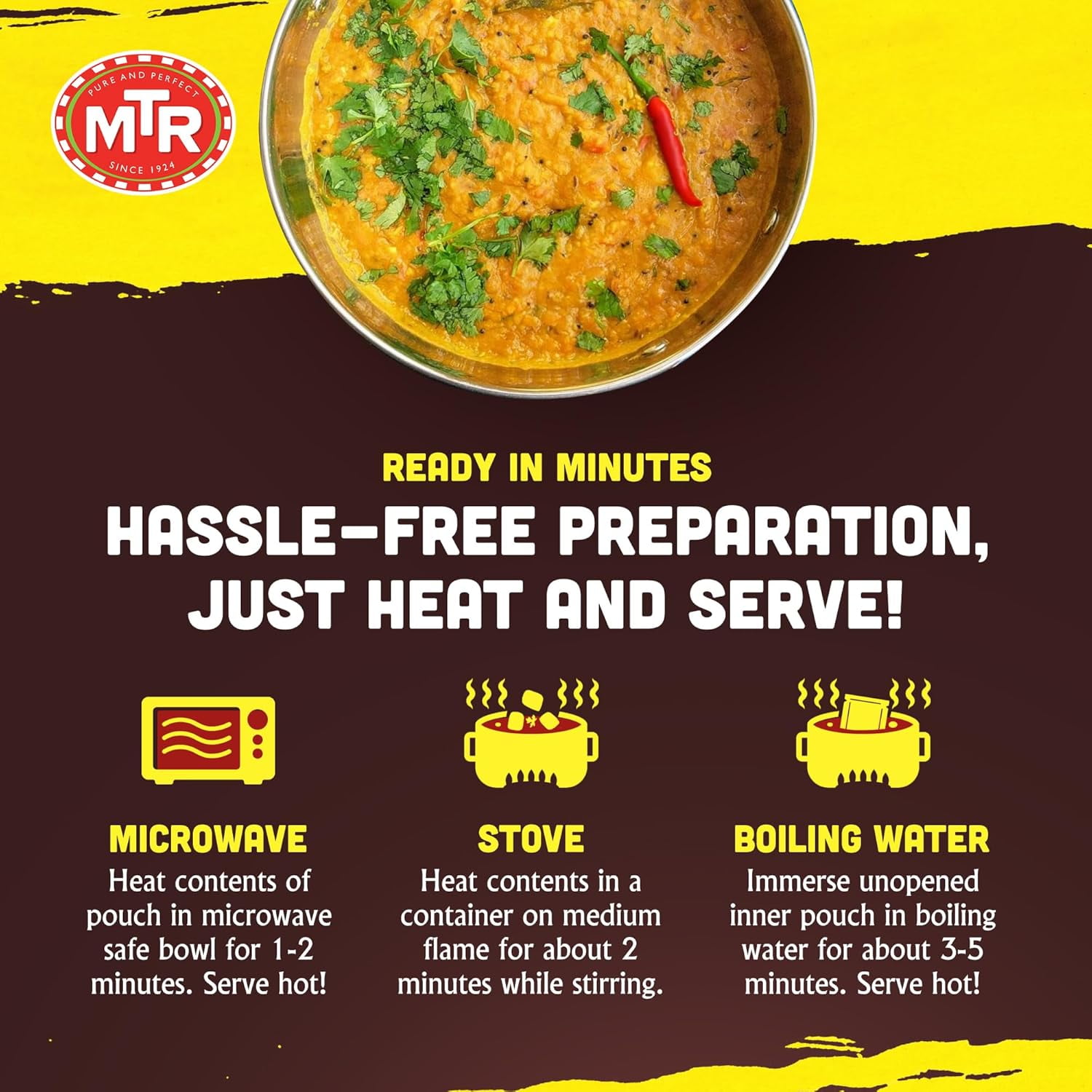 MTR Dal Fry - Flavorful Seasoned & Cooked Lentils - Authentic Indian Ready-To-Eat Meal - No Added Preservatives - A Quick Meal Suitable for Vegetarians, Ready in Minutes! (300g, Pack of 6)