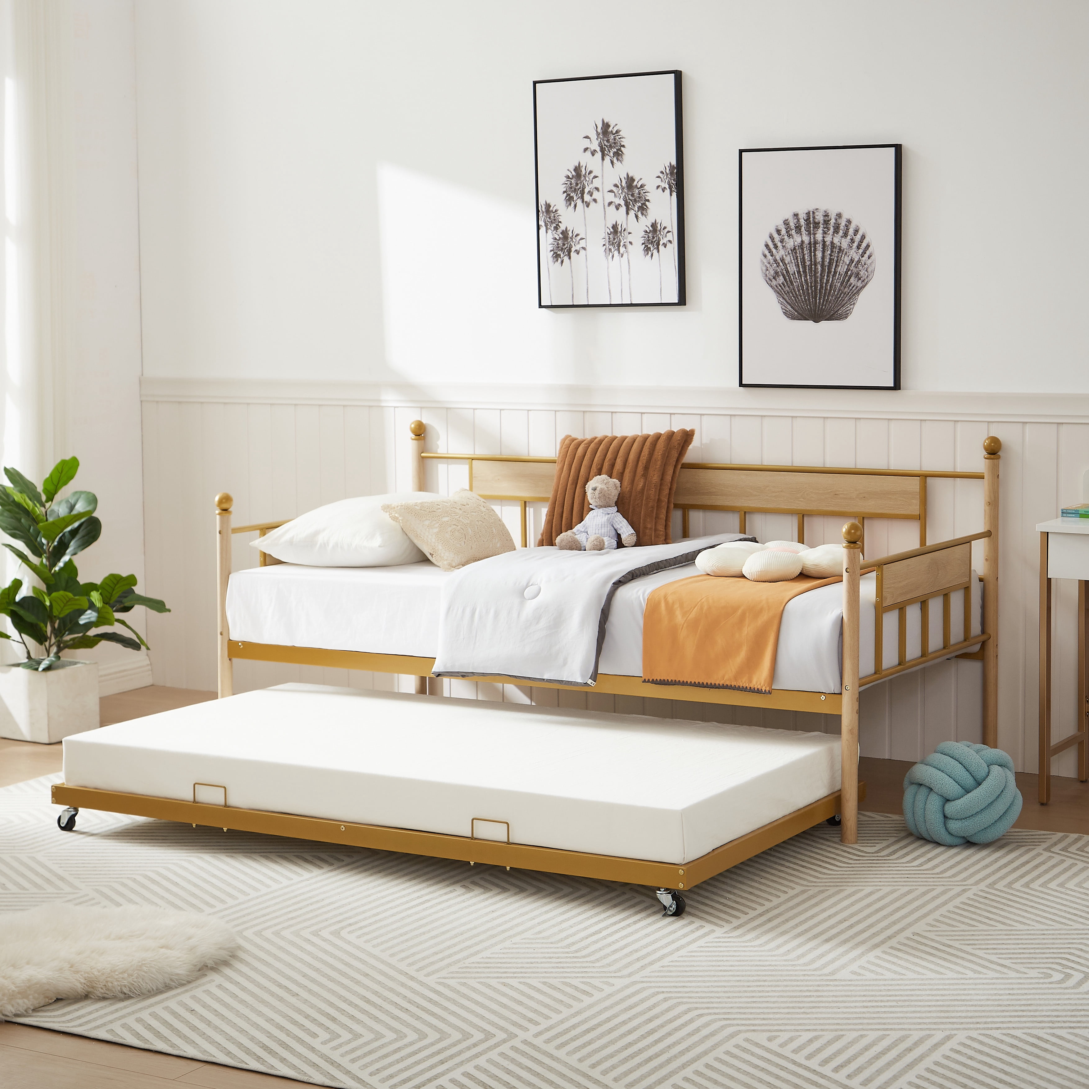 PORKISS Daybed, Steel & Wood Daybed with Trundle and Metal Frame, Modern Sofa Bed with Twin Size Frame for Bedroom, Apartment, and Living Room, Natural & Golden