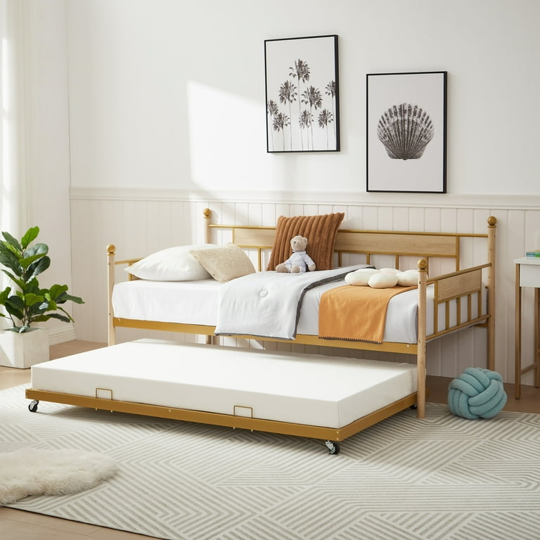 PORKISS Daybed Steel Wood Daybed with Trundle and Metal Frame Modern Sofa Bed with Twin Size Frame for Bedroom Apartment and Living Room