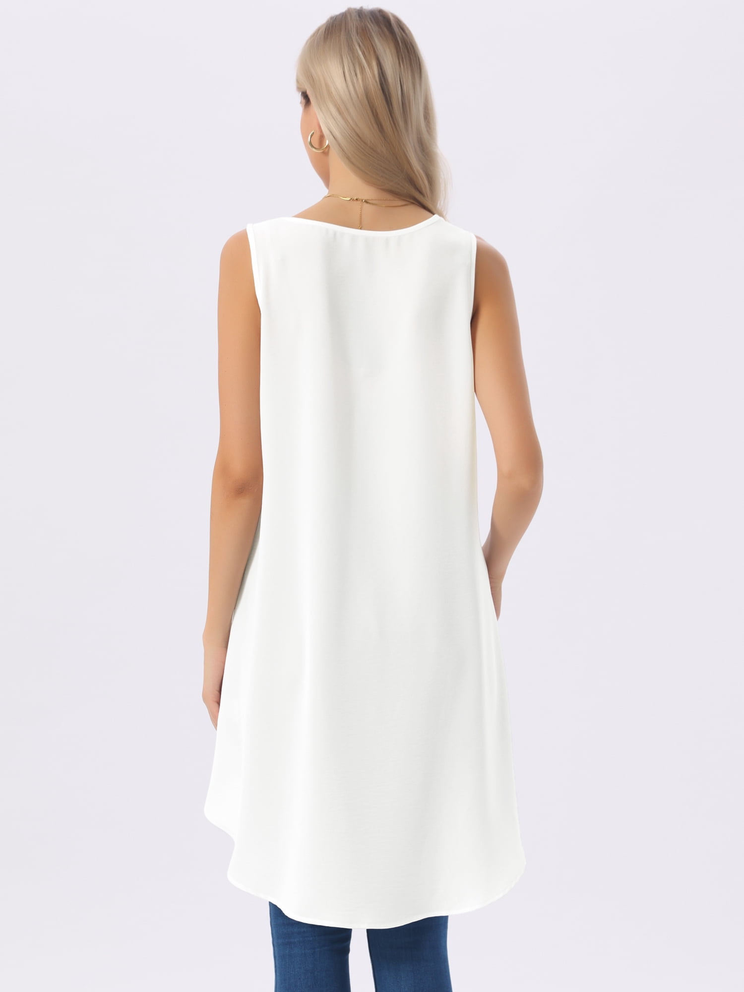 DARING DIVA Women's High Low Sleeveless Crewneck Asymmetrical Blouse M White
