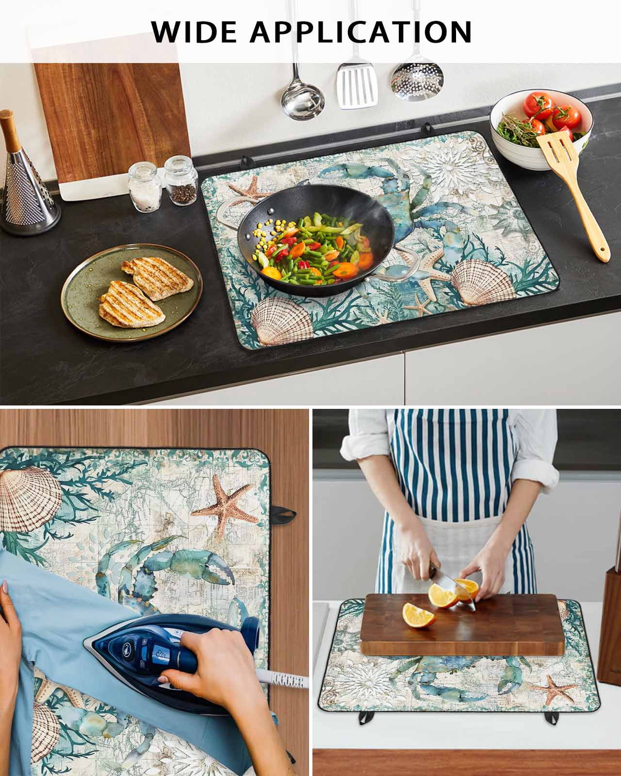 nqOlkjepod Large Induction Cooktop Protector Mat 24"x21", Coastal Crab Stove Top Covers for Electric Stove, Ocean Coral Starfish Nautical Map Stove Burner Cover Mats, Glass Top Stove Cover