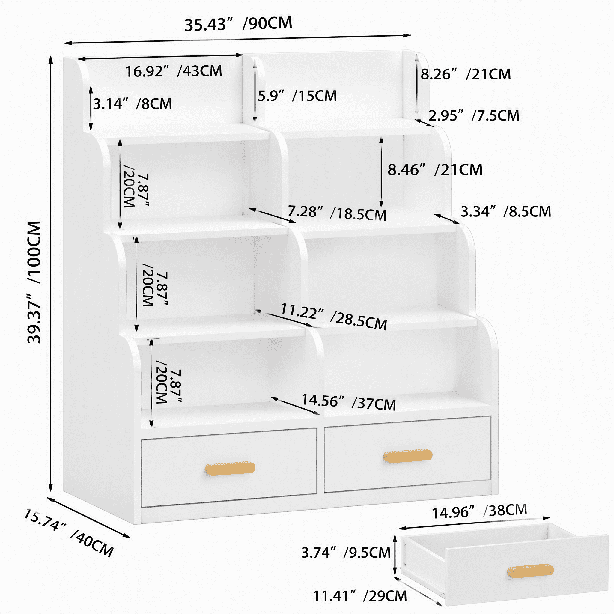 Kids Bookshelf with 2 Storage Drawers, Front-Facing Children's Bookcase and Toy Organizer, Multi-Tier Reading Shelf for Toddlers, Playroom, Bedroom, or Nursery - White