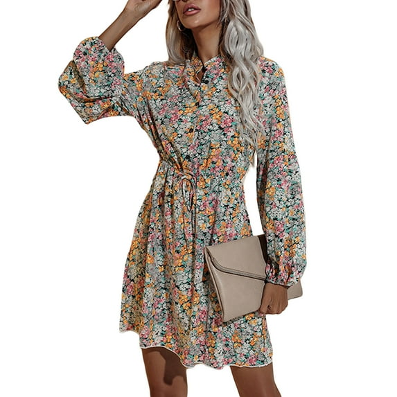 Women Long Sleeve Button Floral Boho Party Swing Mini Chiffon Beach Dress Big Hem Dress