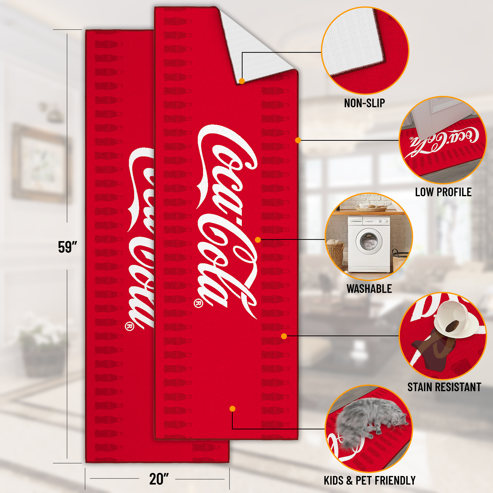 Ottomanson Coca-Cola Border Machine Washable Non-Slip Rubberback 2x5 Runner Rug, 20"x 59", Red