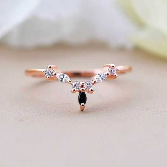 Black Onyx Curved simulated diamond Wedding Band, simulated diamond Engagement Ring, Marquise Cut Unique Ring Bridal Ring Anniversary Ring, Onyx Curved Band