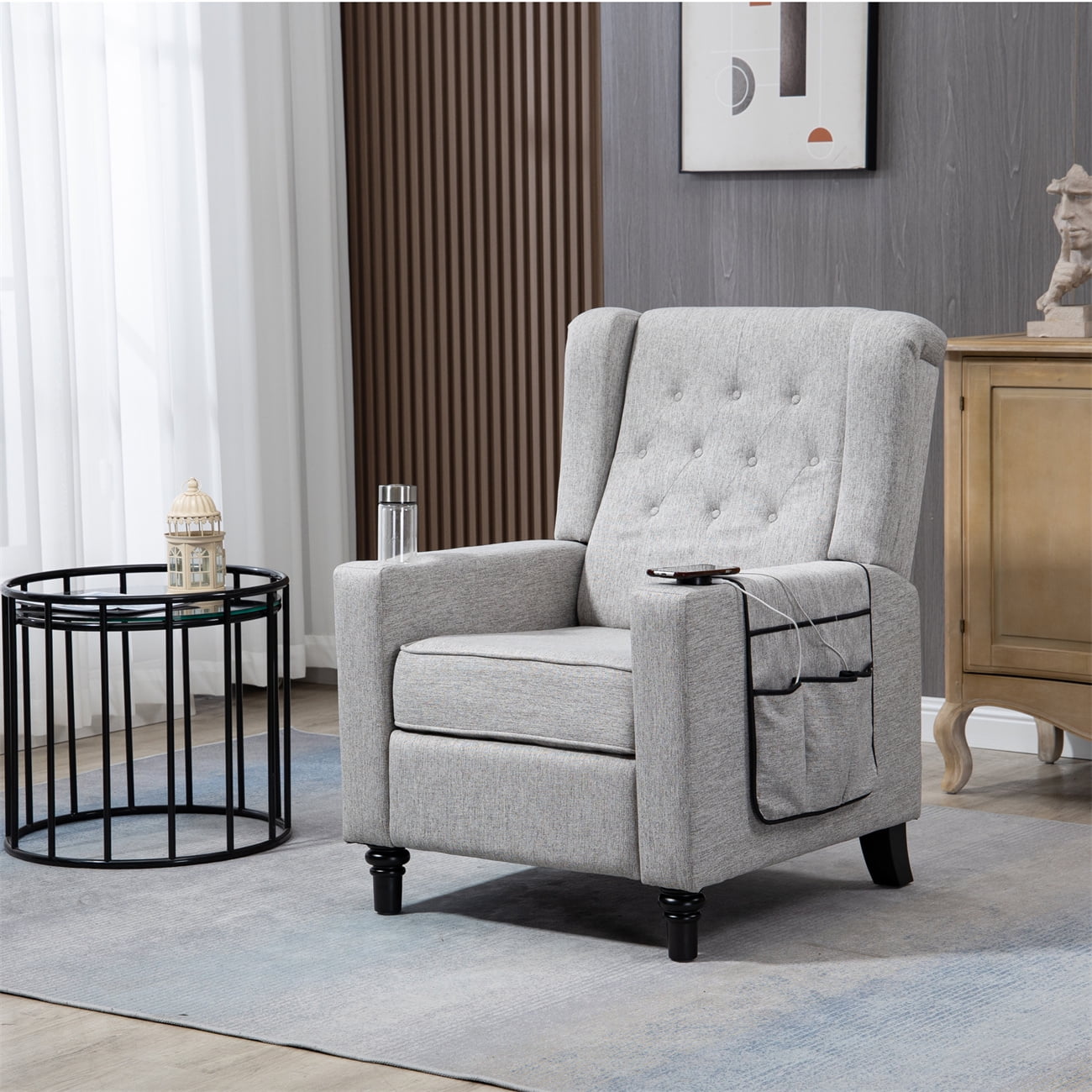 Arm Pushing Recliner Chair, Button Tufted Wingback Recliner Chair, Push Back Manual Single