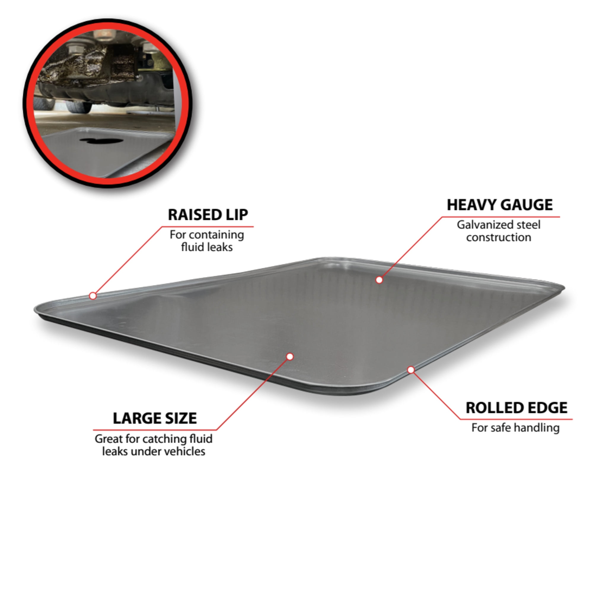 Performance Tool W4048 25 x 36-Inch Galvanized Drip Pan: Heavy Gauge Steel, Fluid Leak Catcher, Easy to Clean, Protect Your Vehicle and Work Surface