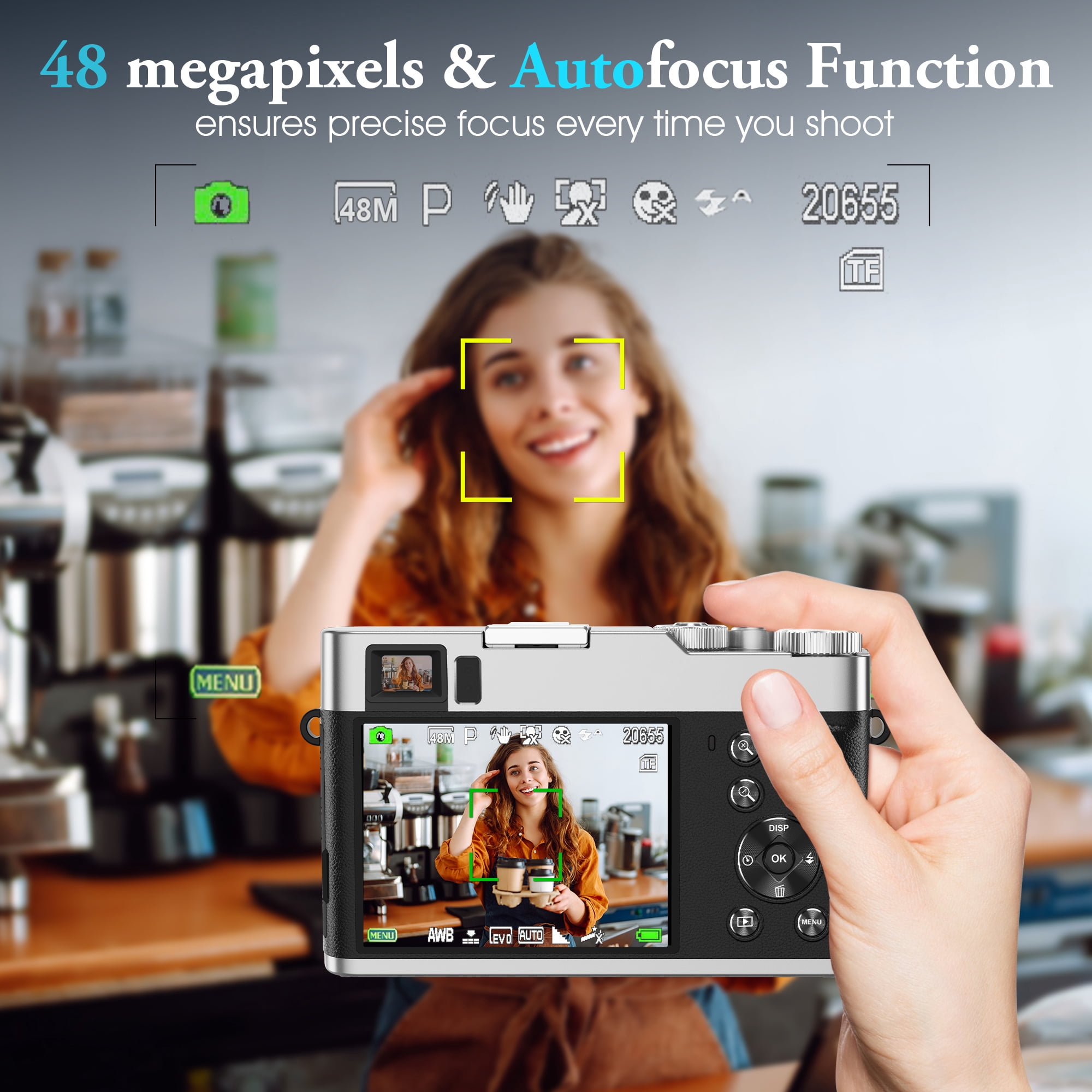 4K Video Digital Camera, AutoFocus 48MP Vlogging Camera for YouTube Anti-Shake with Viewfinder Flash & Dial,16X Zoom Travel Portable Camera with 32GB Card,2 Batteries (Black)