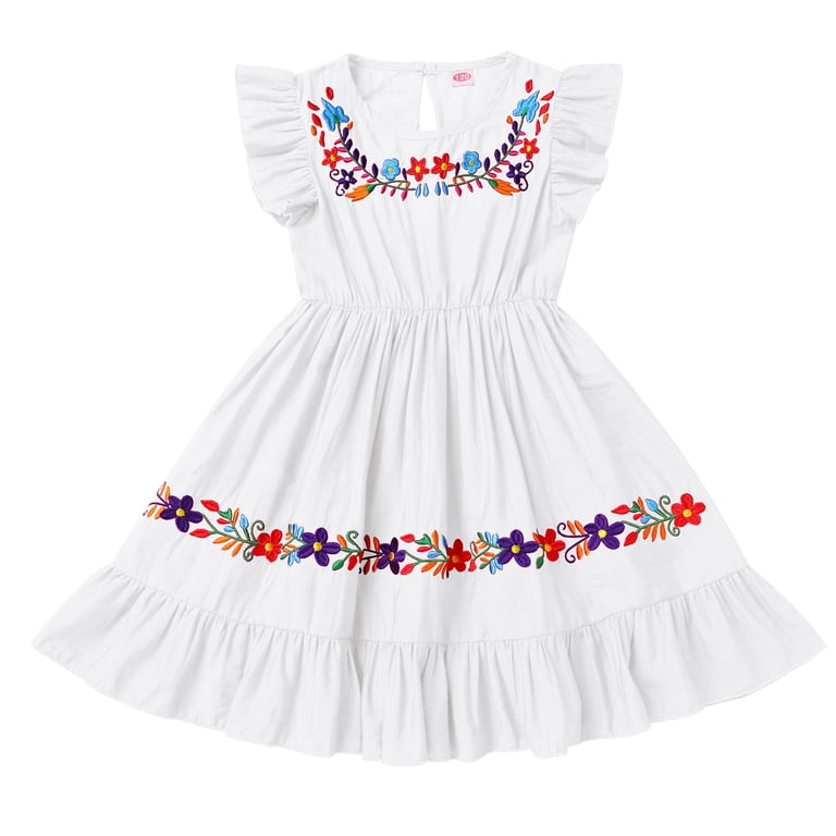Ibtom Castle Toddler Kids Girl Mexican Ruffle A-Line Dress Traditional Floral Embroidery Ethnic Wear Fiesta Dresses 3-4 Years White, Girl's, Size: 3 -