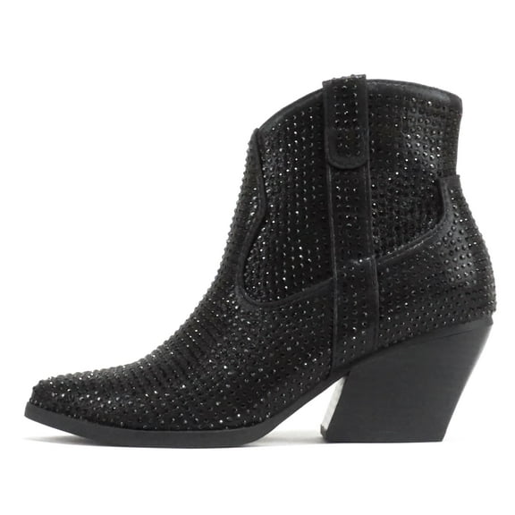 Soda Women Ankle Boots Pointed Toe Low Heel Rhinestone Bling Short Western Cowboy Booties Side Zipper BREW-S Black 9