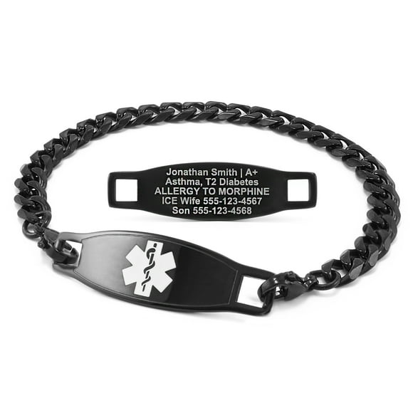 MedicEngraved Black Stainless Steel Custom Medical Alert Bracelet - 7mm Curb Link