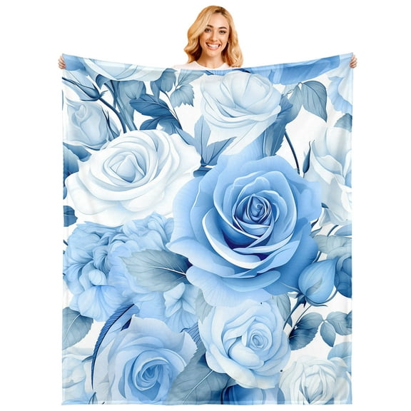Roses Flowers Kids Throw Blanket,Botanical Floral Rustic Farmhouse Bed Blanket for Boys Girls,Valentine's Romantic Flannel Blanket,Blue White Fuzzy Blanket