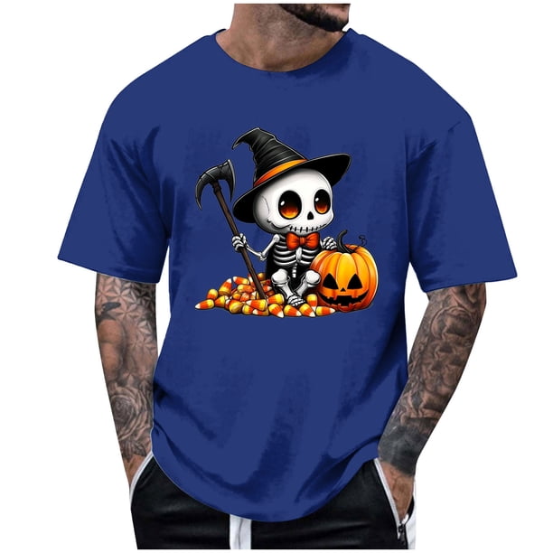Blusas y camisas de manga corta y cuello redondo para hombre. Blusas/camisetas de manga corta con cuello redondo y estampado de Halloween para hombre. Blusa para hombre.