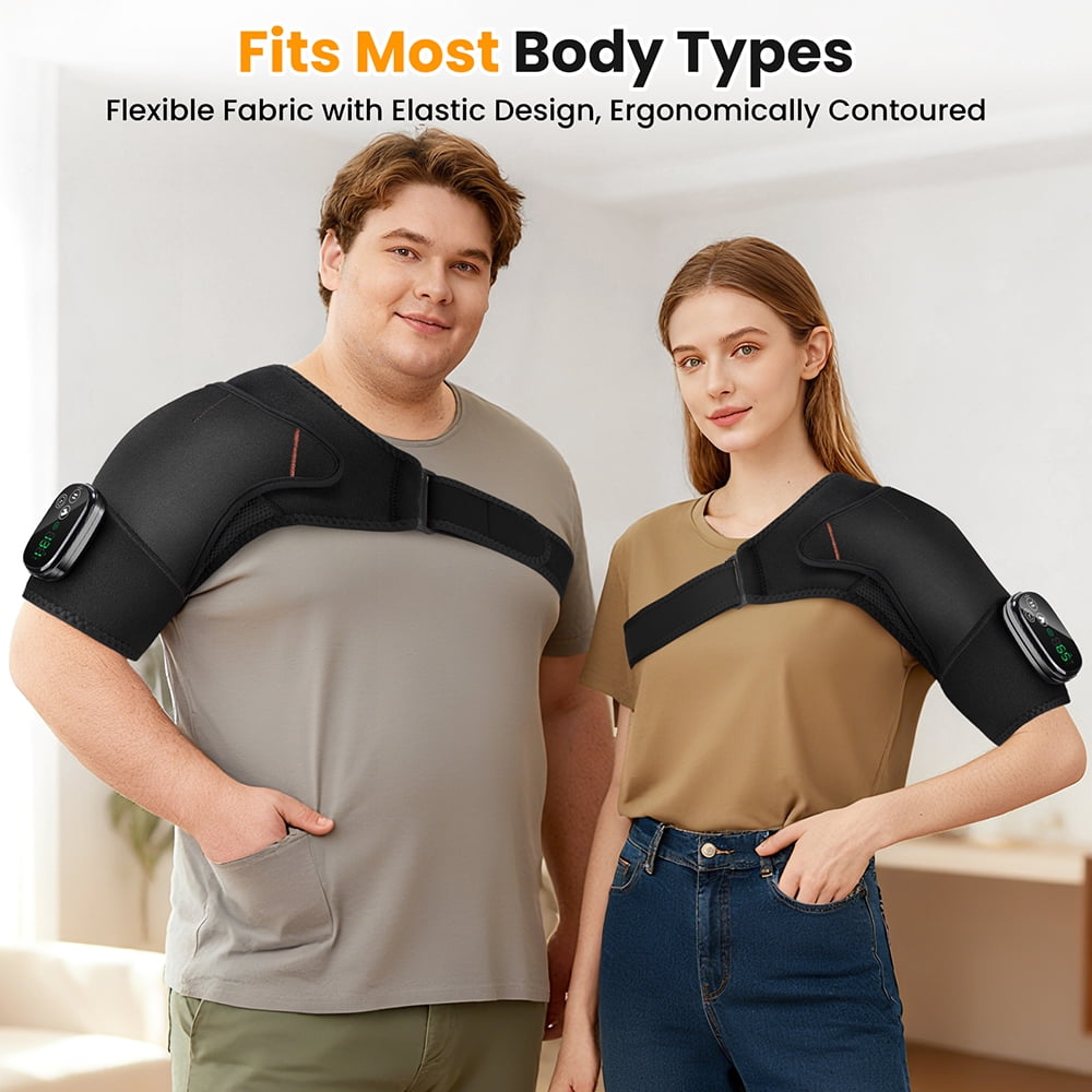 FlareMore Cordless Shoulder Heating Pad with Vibration, Heated Shoulder Wrap Brace, 3 Heat Levels, Rechargeable Shoulder Massager for Men Women