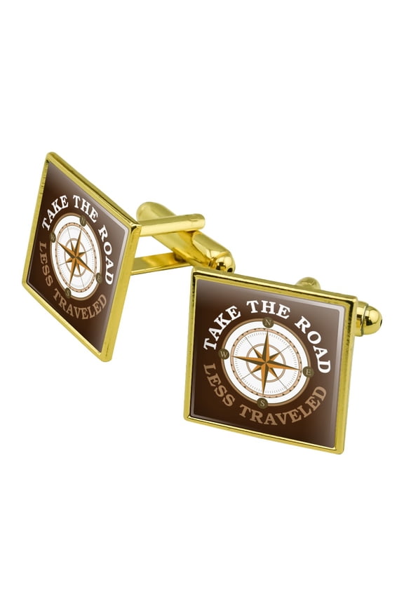 Take The Road Less Traveled Compass Square Cufflink Set - Silver or Gold