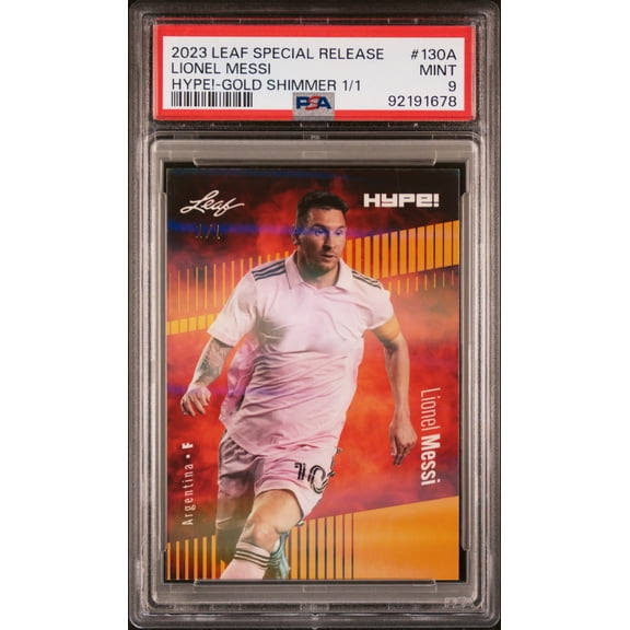 PSA 9 Lionel Messi 2023 Leaf Hype! #130A Gold Shimmer 1/1 Rare Trading Card