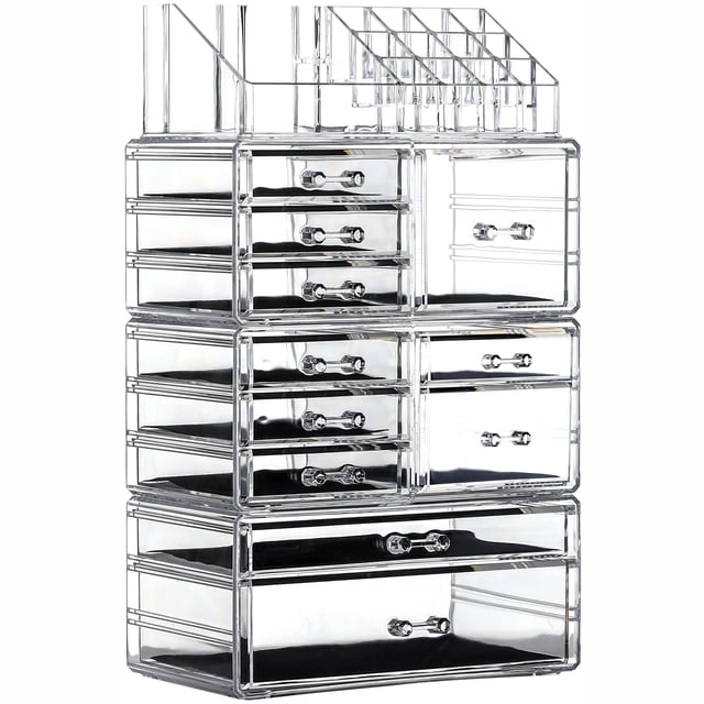 Organizador de maquillaje Cq, acrílico, apilable, 11 cajones, transparente, 4 unidades