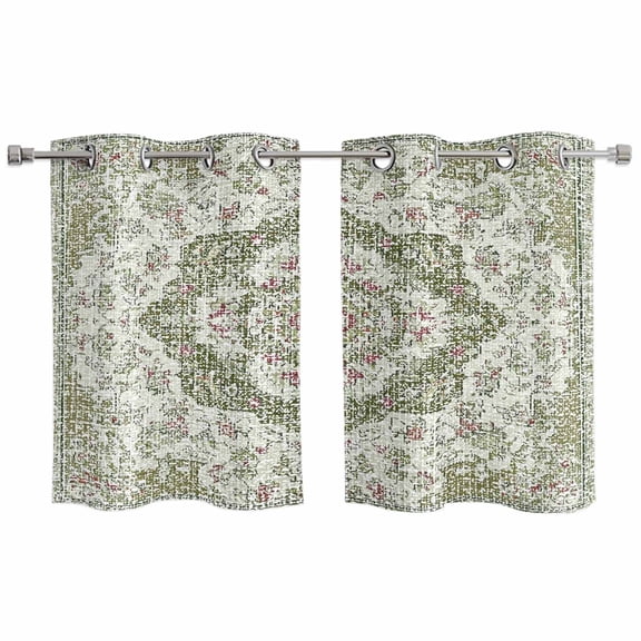2 Panels Kitchen Tier Curtains 39 Inch Length, Sage Green Boho Grommets Window Treatment Curtain, Vintage Abstract Art Ethnic Tribe Thermal Curtains Drapes for Living Room/Bathroom