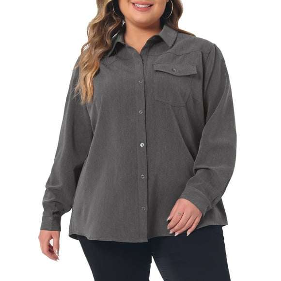 Agnes Orinda Women's Plus Size Denim Shirt Long Sleeves Button Down Chambray Shirts with Pocket 1X Dark Gray