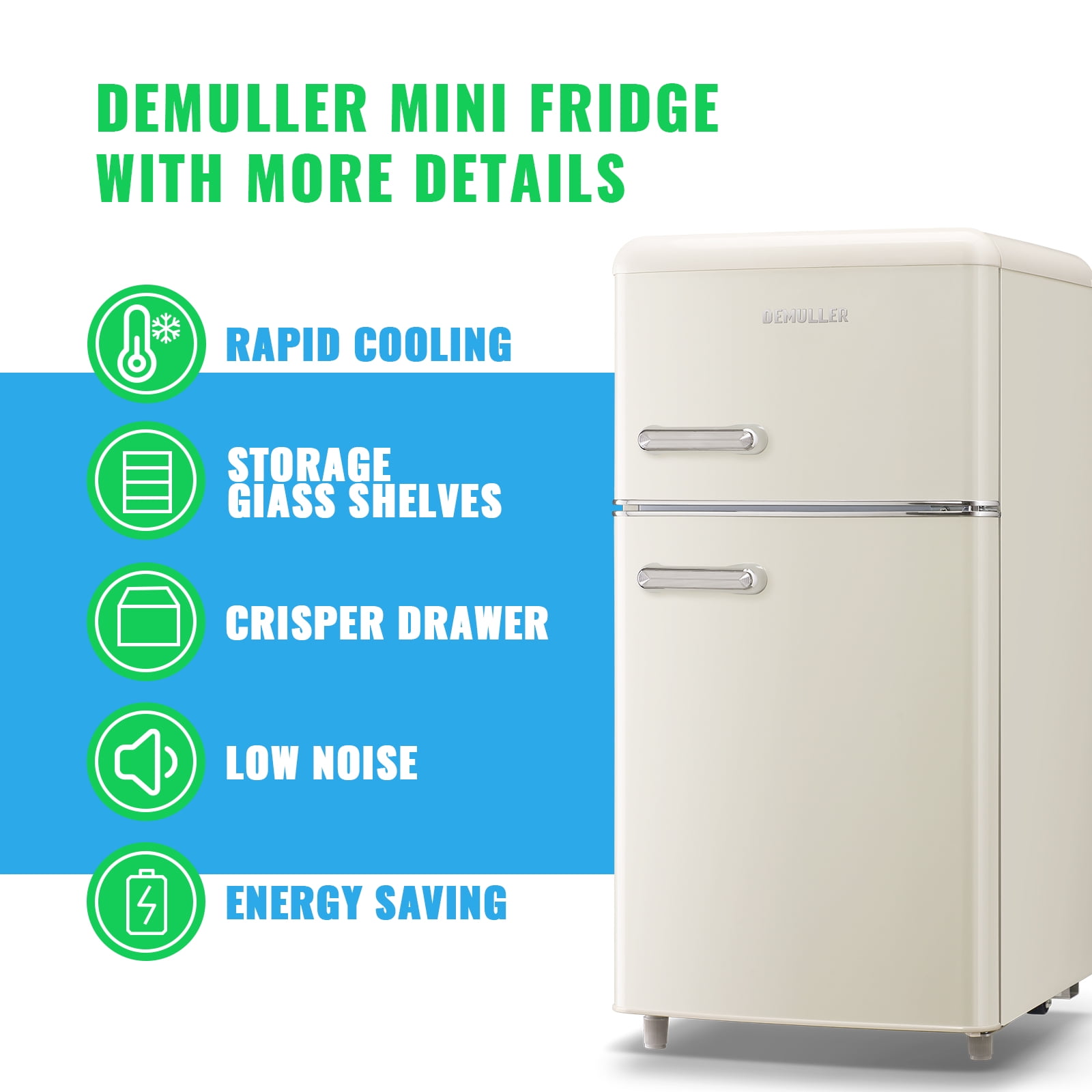 DEMULLER 3.5 Cu.ft Mini Fridge with Double Door Small Refrigerator Drinks Holder Apartment Size 19.3 Width White