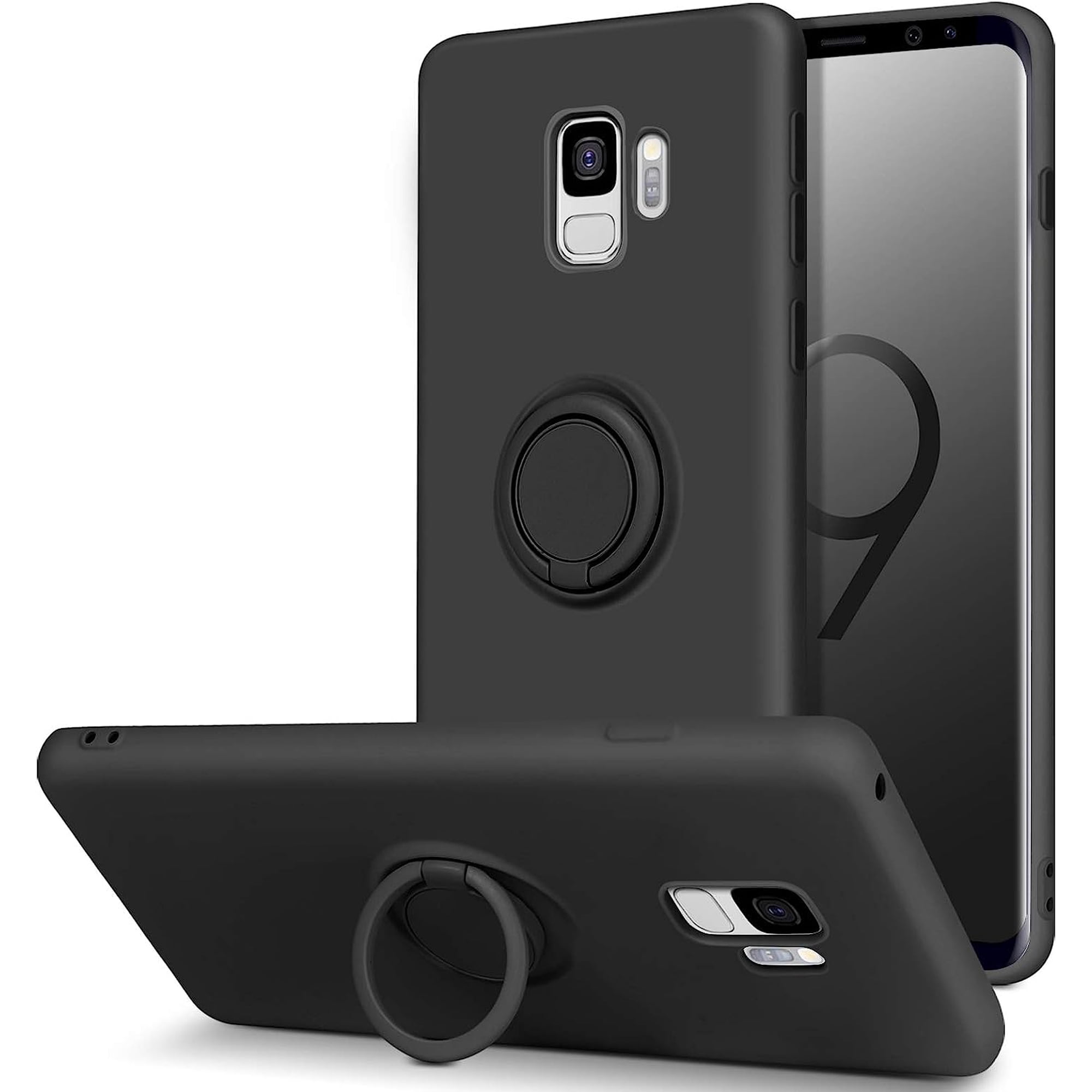 Samsung Galaxy S9 Case, Slim Silicone | 360° Ring Holder Kickstand | Support Car Mount | Soft Rubber Shockproof Bumper Protective Non-Slip Cases Cover for Samsung Galaxy S9 5.8" (2018), Black