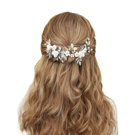 Flower Silver Bride Wedding Hair Vine Pearl Bridal Hair Piece Blue Rhinestone Hair Accessories Leaf Headband for Women and Girls (Silver)