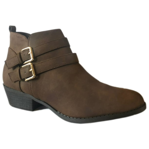 black booties with brown block heel