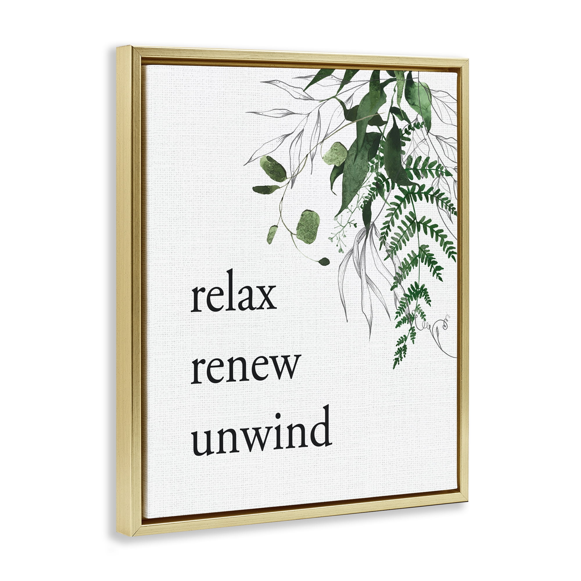 Relax Renew Unwind with Foliage Gold Framed Floater Canvas Wall Art, design by Lettered and Lined