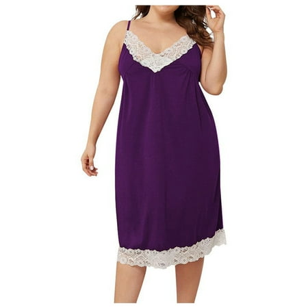 

ZXHACSJ Women s Fashion Sexy Lace V-Neck Halter Thin Plus Size Nightgown Purple XXXXXL