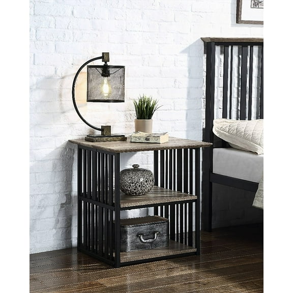 Zudora Industrial Antique Oak & Black Nightstand with 2 Open Compartments
