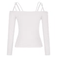 thumbnail image 5 of XFLWAM Women Spaghetti Straps Long Sleeve Ribbed Knit Top Off Shoulder V Neck Shirt Cold Shoulder Solid Color Slim Blouse White 3XL, 5 of 6