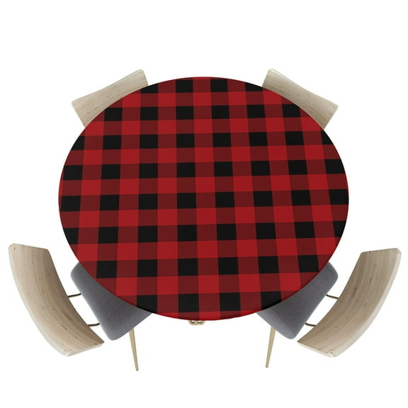 Fitted Round Tablecloths Table Covers 55-60in,Classic Red and Black Grid Lattice Waterproof Elastic Edged Table Cloth for Kitchen Dining Holiday Party Tables Decor,Farmhouse Buffalo Checker Plaid
