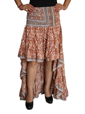 Mogul Womens Hi Low Skirt Printed Recycled Silk Sari Flare Tiered Ruffle Flirty Swing Asymmetrical Summer Style Peasant Skirts