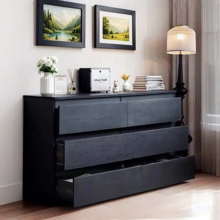 Oufan 47.24" 6 Drawer White Dresser, Wood Storage Dresser with Concealed Handles, Modern Chest of Drawers, TV Stand for Living Room, Closet, Hallway