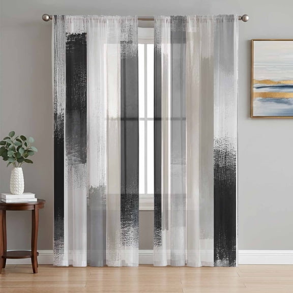 Black Grey Abstrac Sheer Curtains 96 Inch Length 2 Panels Set, Modern Geometric Ombre Lines Simple Art Voile Window Treatment Semi Sheer Long Curtains Drapes for Bedroom/Living Room/Kitchen 52"x96"x2