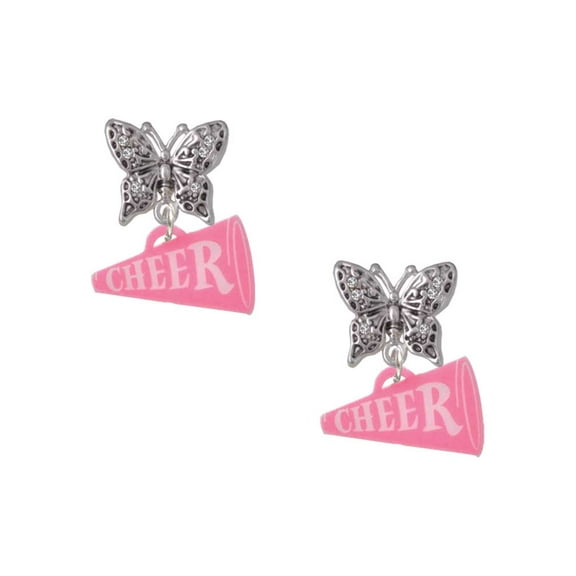 Delight Jewelry Acrylic 3/4" Hot Pink Cheer Megaphone Silvertone Antiqued Butterfly Post Earrings