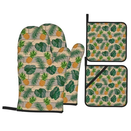 

Oven Mitts and Pot Holders 4 Piece Pineapples Palm Leaves High Heat Slip Resistant Oven Mitt and Trivets Set Kitchen Oven Glove Pot Holders for Cooking Baking Grilling
