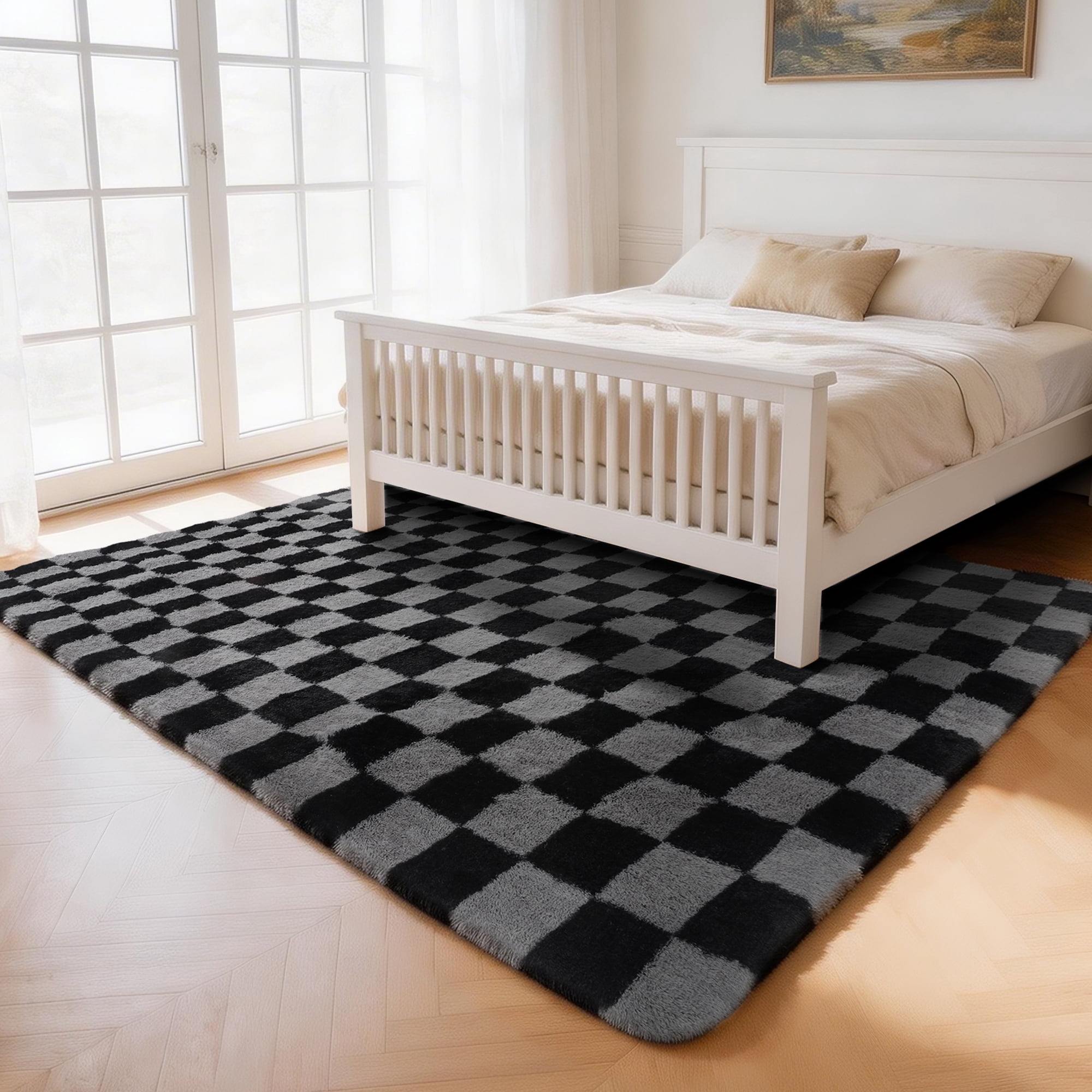 CozyDesg Shag Area Rugs,5'x8' Soft Fluffy Floor Rugs Checkered Carpet，Washable Area Rugs for Living Room Bedroom Decor,Black & Grey